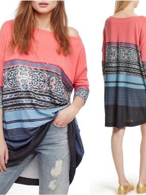 Free People Coral and Blue Boho Off-Shoulder oversized Tunic size medium